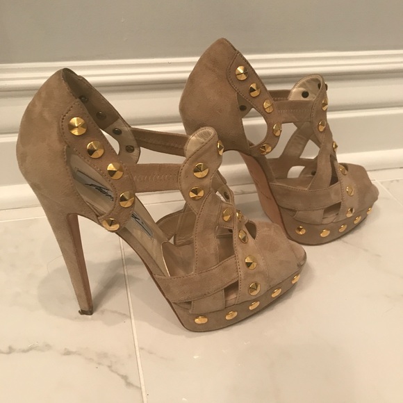 Brian Atwood suede platform gold studded sandal - Picture 1 of 4